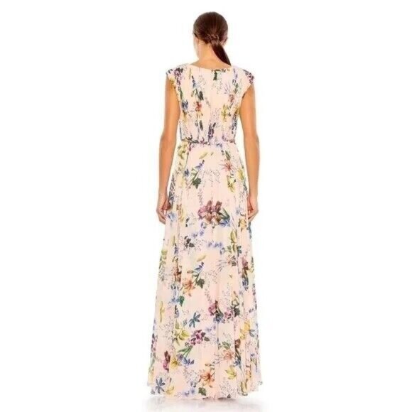 NEW MAC DUGGAL PLEATED FLORAL CAP SLEEVE A LINE GOWN PINK FLORAL SZ 10 - Picture 2 of 9